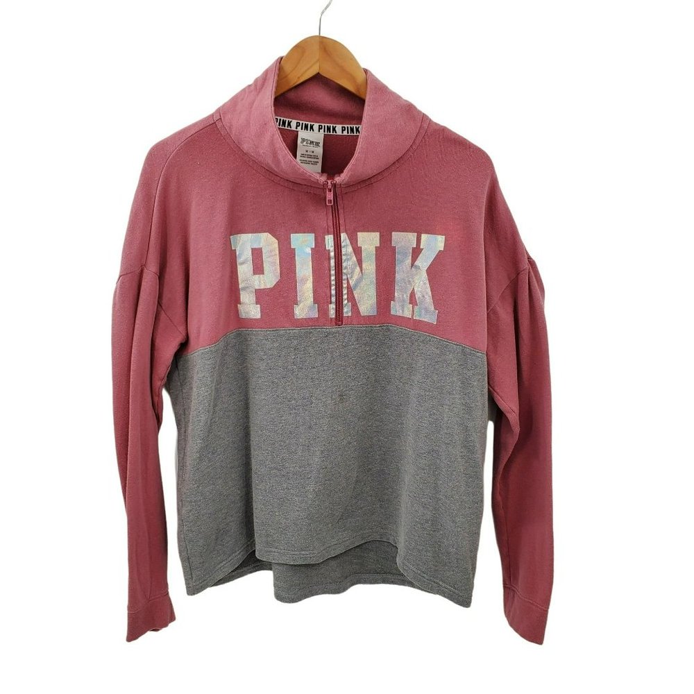 Pink Victoria's Secret Womens Sweatshirt Size M Half Zip Lightweight Long Sleeve